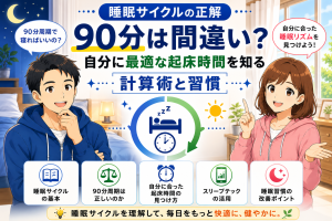 睡眠サイクルの記事全体の要点を、健太と美咲が睡眠サイクル図と4つのポイントを用いて分かりやすくまとめているイラスト