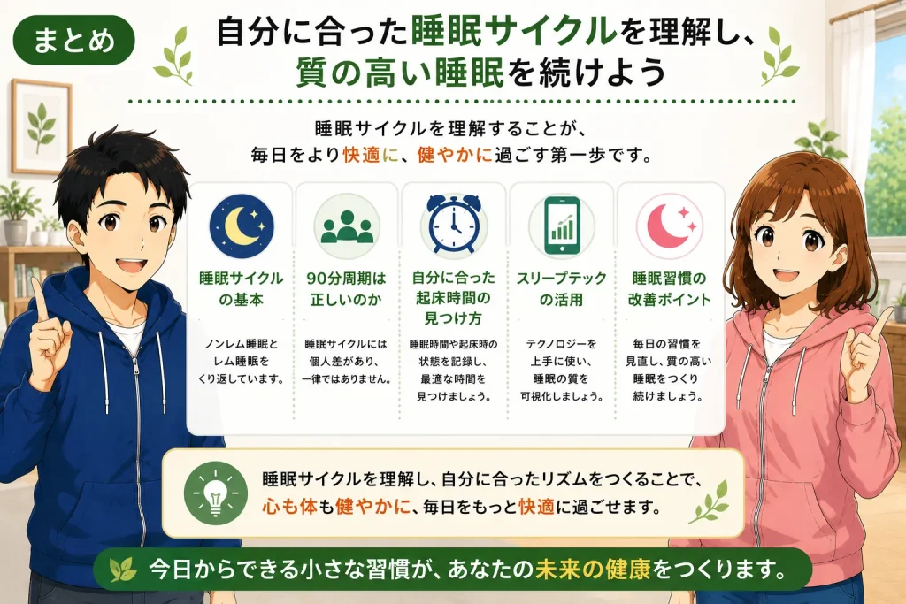 睡眠サイクルに関する疑問をQ&A形式で整理し、自分に合った睡眠リズムの考え方を分かりやすく紹介しています。