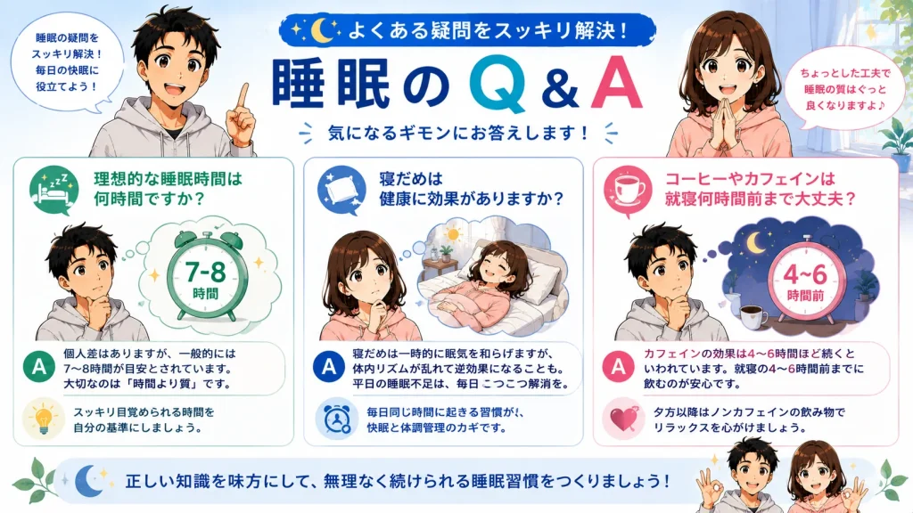 睡眠に関するよくある質問として、理想的な睡眠時間、寝だめ、カフェイン摂取のタイミングについて健太と美咲がQ&A形式で分かりやすく解説しているイラスト。