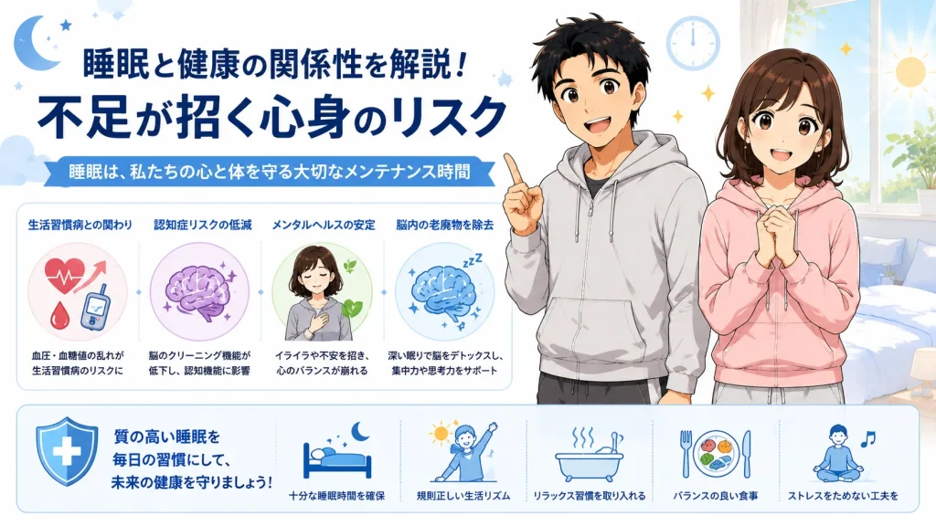 睡眠と健康の関係性を解説し、睡眠不足による生活習慣病・認知症・メンタルヘルス・脳内老廃物への影響を健太と美咲が紹介しているイラスト。