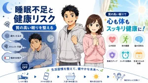睡眠不足による健康リスクと質の高い睡眠の重要性を、健太と美咲が紹介するアイキャッチイラスト。寝不足による不調と健康的な生活習慣を対比して表現している。