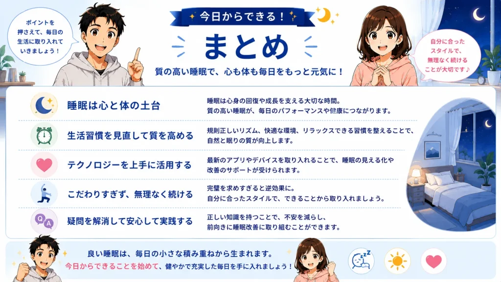 質の高い睡眠を続けるためのポイントを、健太と美咲がまとめとして紹介しているイラスト。睡眠習慣の改善、生活リズムの見直し、睡眠サポートアイテムの活用、無理なく継続することの大切さを分かりやすくまとめている。