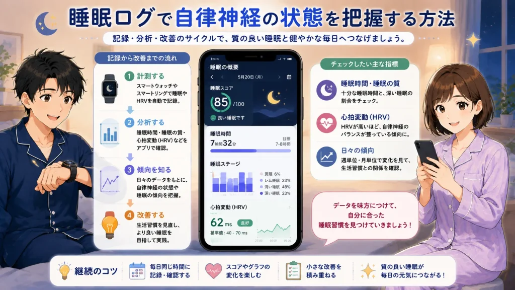 スマートウォッチで計測した睡眠データやHRV(心拍変動)をスマートフォンのダッシュボード画面で確認し、記録・分析・改善の流れを健太と美咲が紹介しているイラスト。