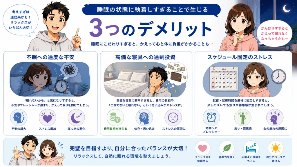 睡眠にこだわり過ぎることで起こる「不眠への過度な不安」「高価な寝具への過剰投資」「スケジュール固定によるストレス」の3つのデメリットを、健太と美咲が分かりやすく紹介しているイラスト。