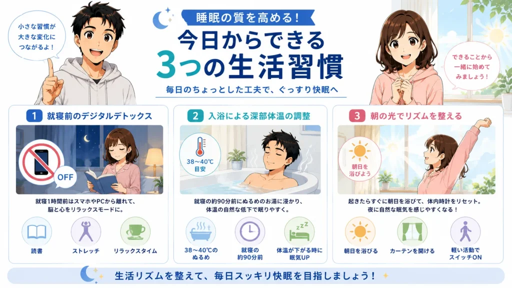 睡眠の質を高める3つの生活習慣として、就寝前のデジタルデトックス、入浴による深部体温の調整、朝日を浴びて体内リズムを整える方法を健太と美咲が紹介しているイラスト。