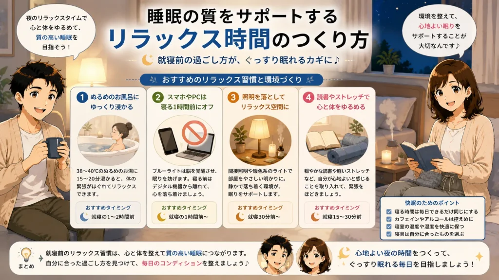 健太と美咲が就寝前のリラックス時間の過ごし方(ぬるめの入浴・デジタル機器を控える・照明を落とす・読書やストレッチ)を紹介する16対9画像