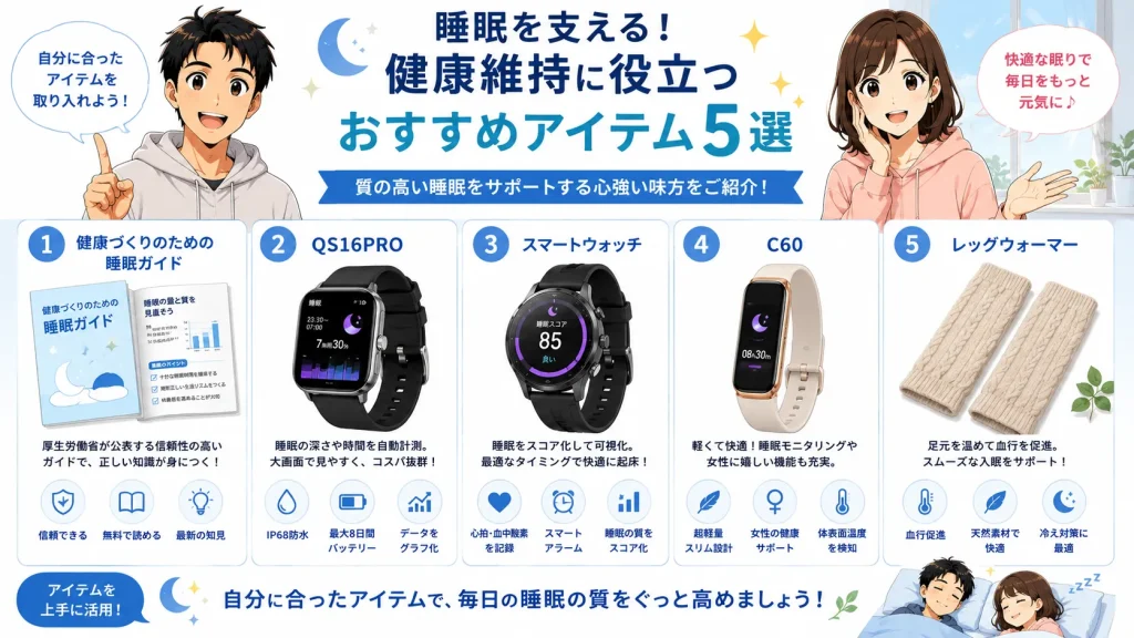 睡眠の質を高めるために役立つおすすめアイテム5選を、健太と美咲が紹介しているイラスト。睡眠ガイド、QS16PRO、スマートウォッチ、C60、レッグウォーマーを分かりやすくまとめている。