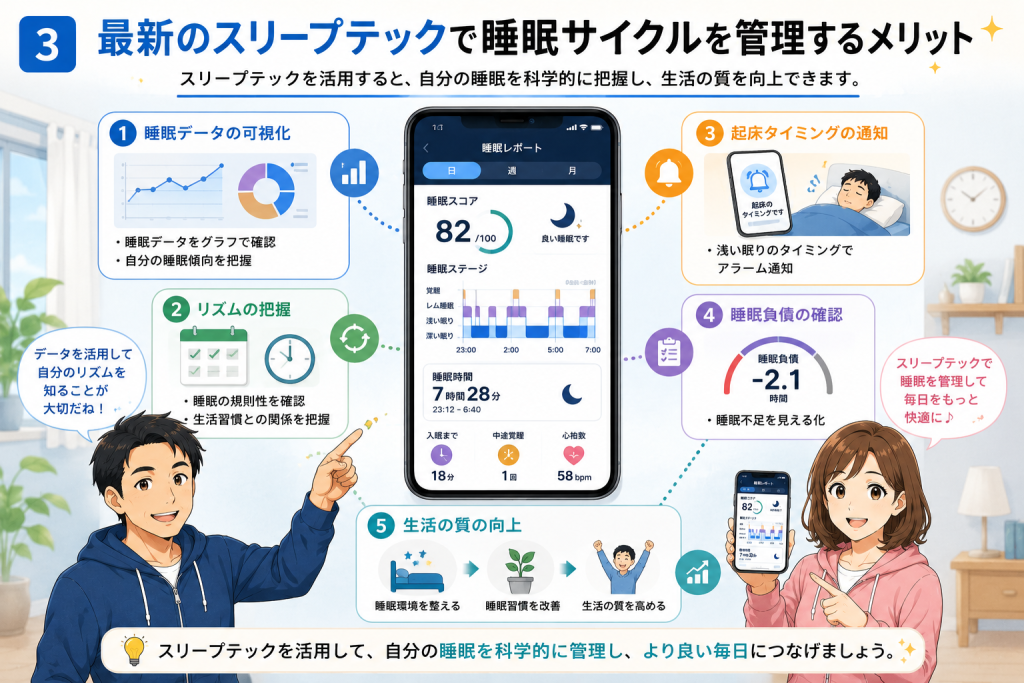 健太と美咲がスマートフォンの睡眠管理アプリを使い、睡眠データの可視化、睡眠リズムの把握、起床タイミング通知、睡眠負債の確認、生活の質の向上について説明している図解イラスト。