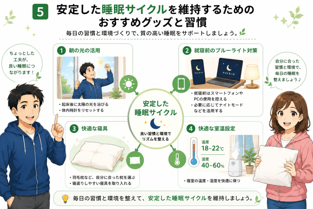 健太と美咲が、安定した睡眠サイクルを維持するための習慣として、朝の光、就寝前のブルーライト対策、快適な寝具、適切な室温・湿度を図解で紹介しているイラスト。