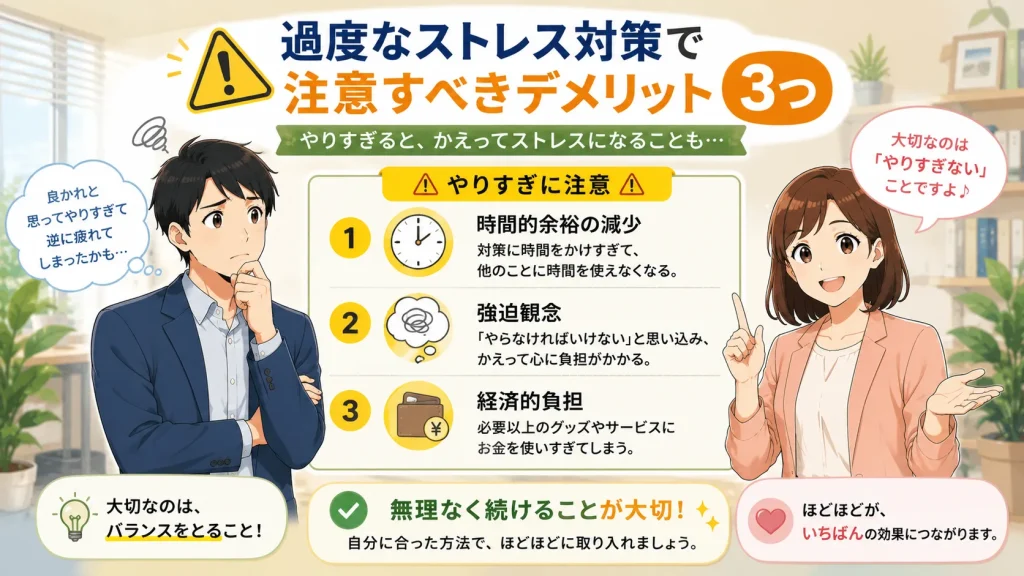 健太がストレス対策のやりすぎによる負担を考え、美咲が適度なセルフケアの大切さを説明しながら、時間的余裕の減少・強迫観念・経済的負担の3つの注意点を紹介している16:9のイラスト。