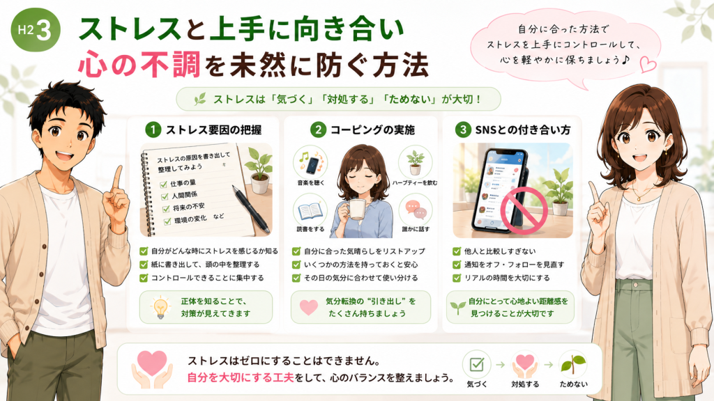 ストレス要因の把握、コーピングの実践、SNSとの適切な付き合い方を通して、心の不調を予防する方法を健太と美咲が紹介しているイラスト