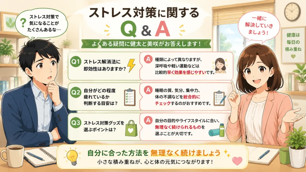 仕事中のストレス対策に関する3つのよくある質問について、健太が疑問を投げかけ、美咲が分かりやすく回答している16:9のQ&Aイラスト。