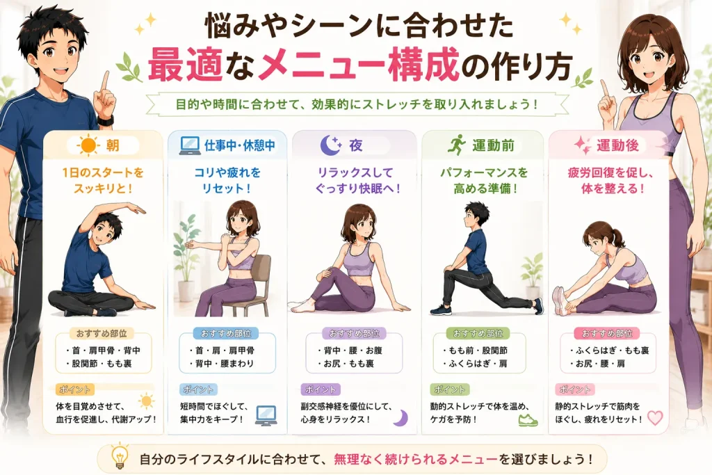 朝・仕事中・夜・運動前・運動後の5つのシーン別に、おすすめのストレッチメニュー構成を図解で紹介したイラスト。
