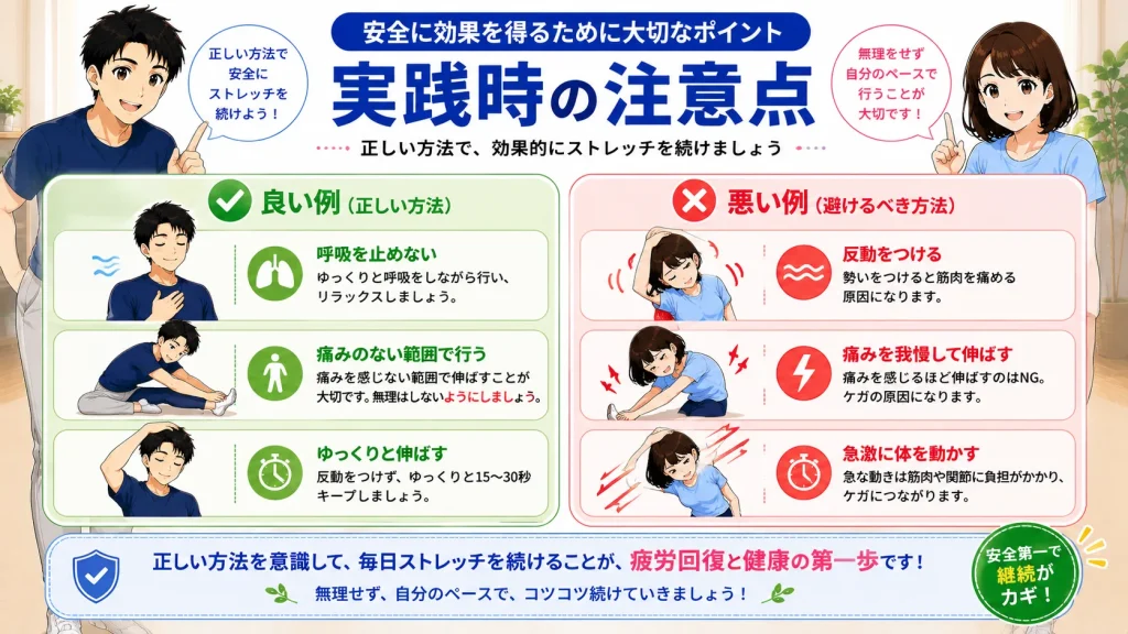 健太が正しいストレッチ方法、美咲が避けたいストレッチ方法を実演し、呼吸を止めない・痛みのない範囲で行う・ゆっくり伸ばすことと、反動をつける・痛みを我慢する・急激に動かすことを左右比較で解説した16:9の図解イラスト。