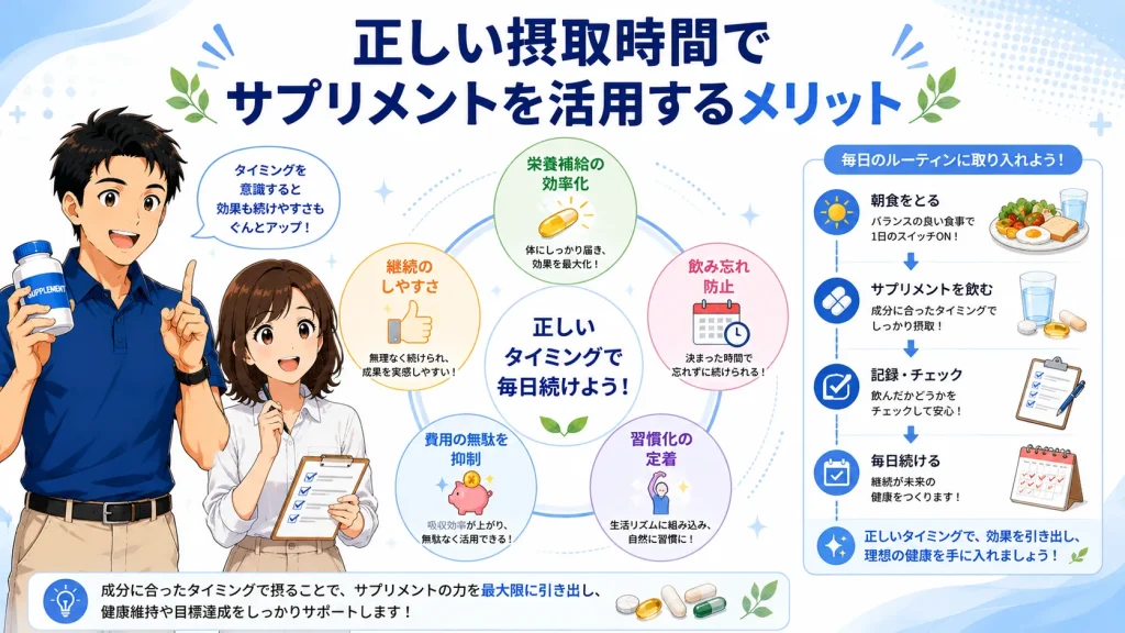 サプリメントを正しいタイミングで摂取するメリットを、栄養補給の効率化や飲み忘れ防止、習慣化など5つのポイントで解説するイラスト。