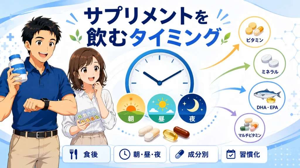 サプリメントを飲む最適なタイミングを、朝・昼・夜や成分別の違いとともに紹介するアイキャッチ画像。