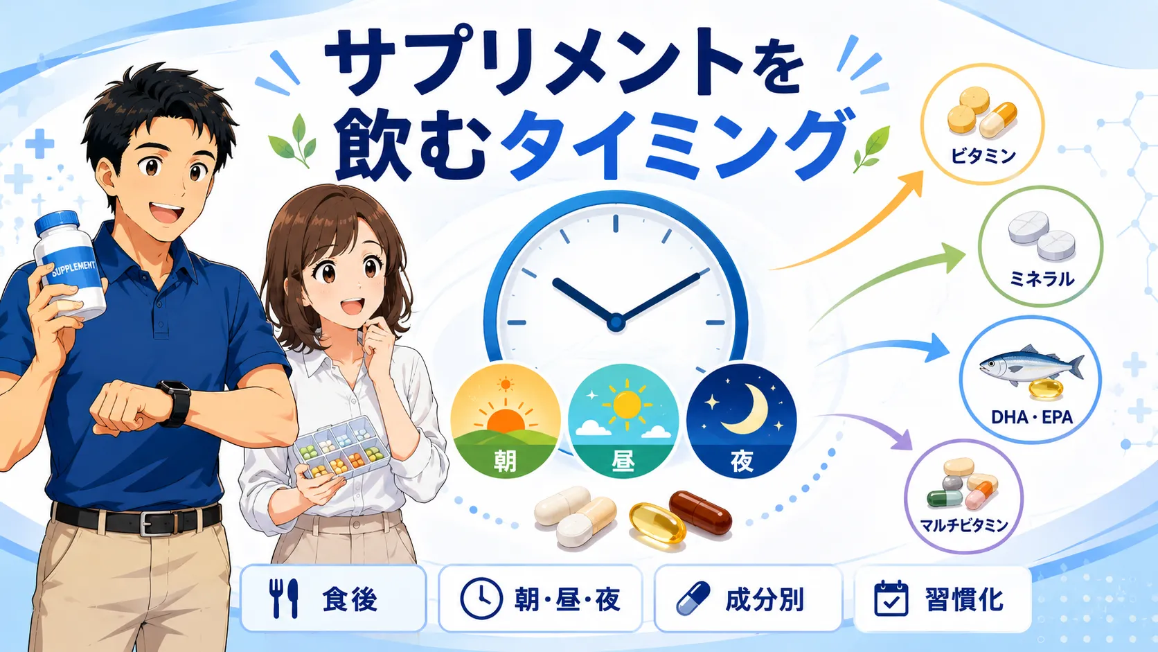 サプリメントを飲む最適なタイミングを、朝・昼・夜や成分別の違いとともに紹介するアイキャッチ画像。