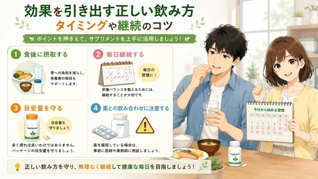 健太が食後に水でサプリメントを飲み、美咲が継続用カレンダーを持ちながら、食後・毎日継続・目安量・薬との飲み合わせの4つのポイントを紹介しているイラスト