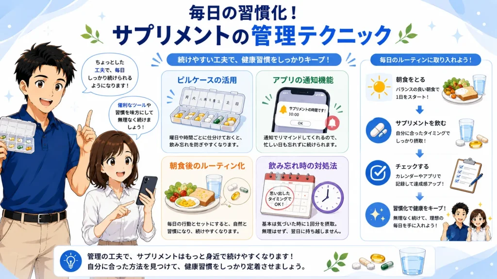 サプリメントを毎日継続するための管理テクニックとして、ピルケース、アプリ通知、朝食後の習慣化、飲み忘れ時の対処法を紹介するイラスト。