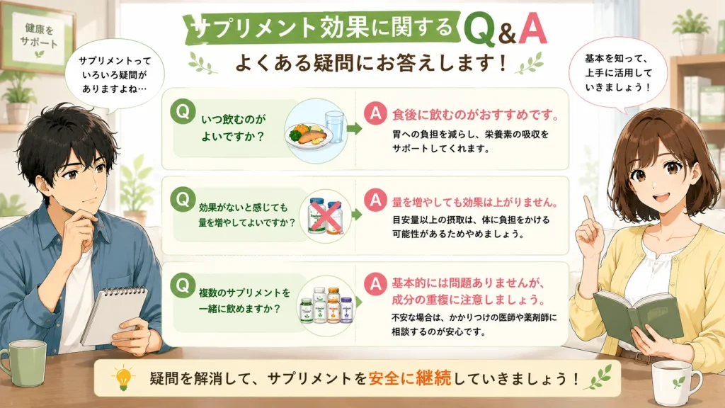 健太がメモ帳を見ながら疑問を持ち、美咲がQ&A形式でサプリメントの飲むタイミング、摂取量、併用時の注意点について分かりやすく説明しているイラスト
