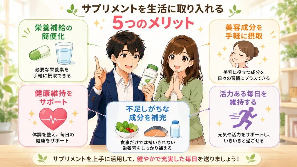 健太と美咲が、サプリメントを生活に取り入れる5つのメリットとして、栄養補給の簡便化、健康維持、不足しがちな成分の補完、美容成分の摂取、活力ある毎日の維持をイラストで紹介している図解。