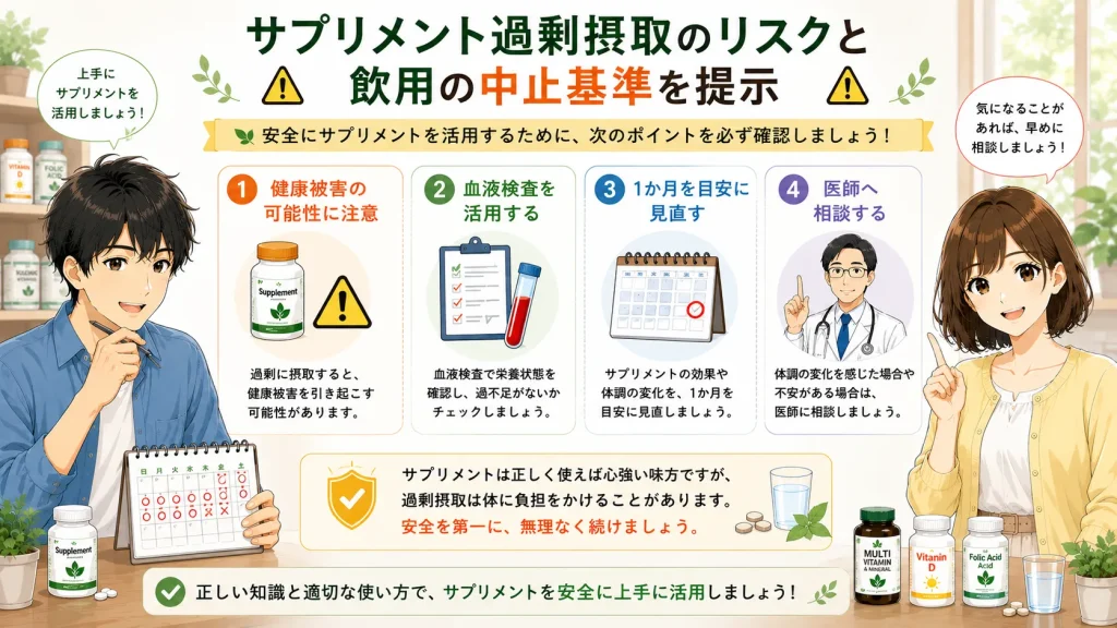 健太が1か月の見直し時期を示すカレンダーを持ち、美咲が医師への相談を案内しながら、サプリメントの過剰摂取リスクや血液検査、見直しのタイミングを図解で紹介しているイラスト