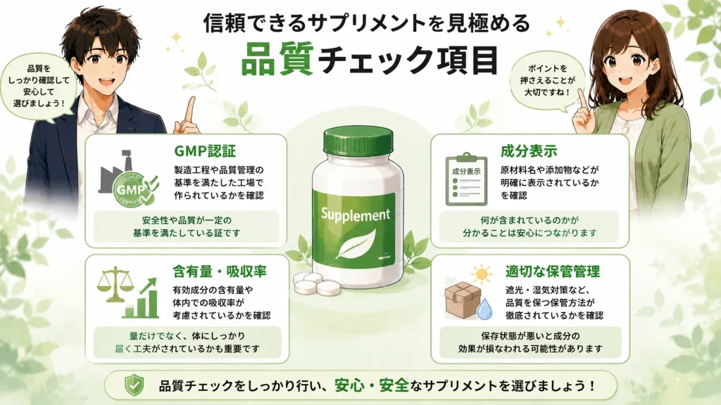 健太と美咲が、信頼できるサプリメントを見極めるための品質チェック項目として、GMP認証、成分表示、含有量・吸収率、適切な保管管理を図解で紹介しているイラスト。
