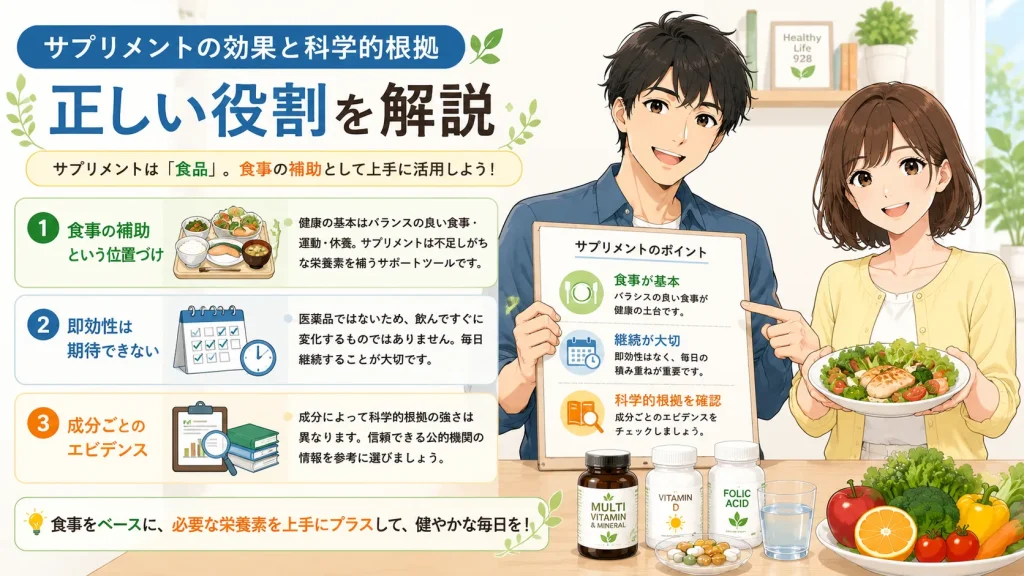 健太と美咲がサプリメントは食事を補助する食品であることや、即効性ではなく継続が大切であること、科学的根拠を確認して選ぶ重要性を解説しているイラスト