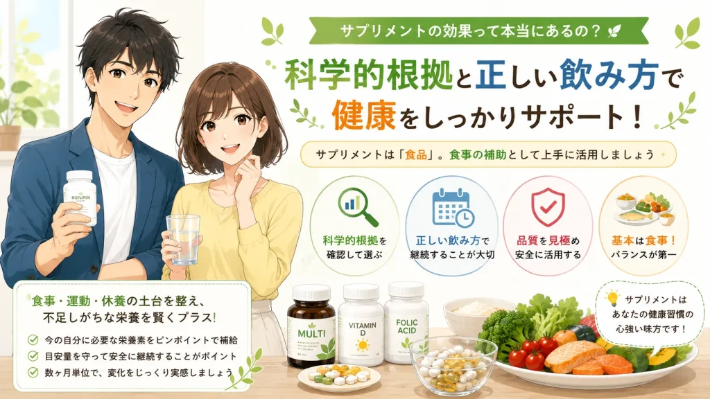 健太と美咲がサプリメントを紹介し、科学的根拠・正しい飲み方・食事を基本とした活用方法を解説しているアイキャッチ画像