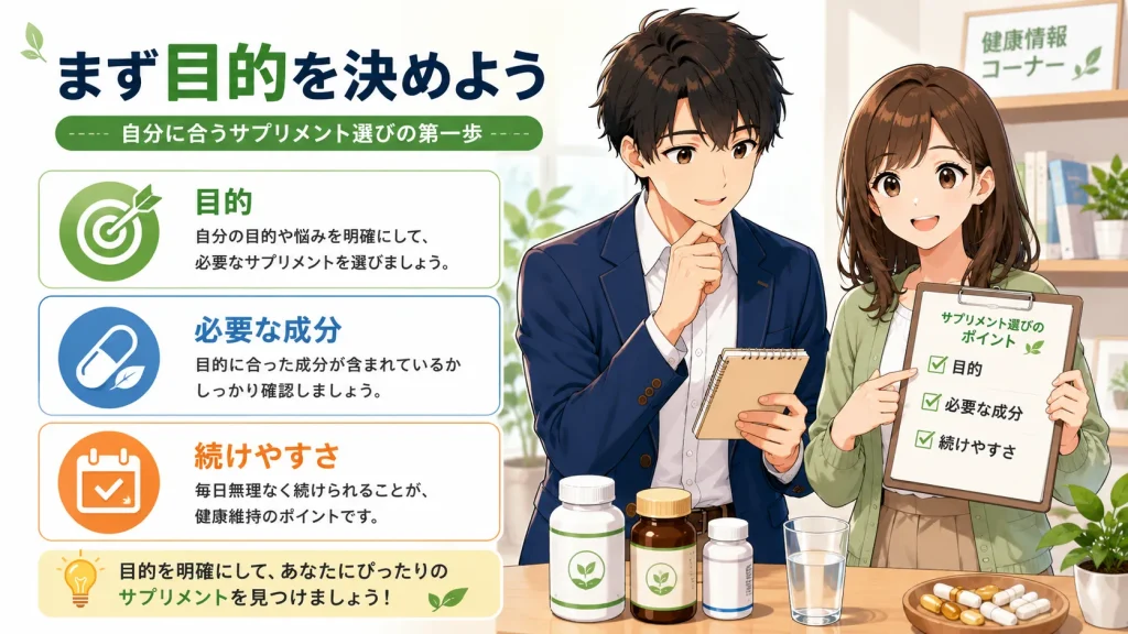 健太と美咲がサプリメント選びの基本を紹介し、目的・必要な成分・続けやすさの3つのポイントを確認しながら、自分に合うサプリメントの選び方を解説しているイラスト。