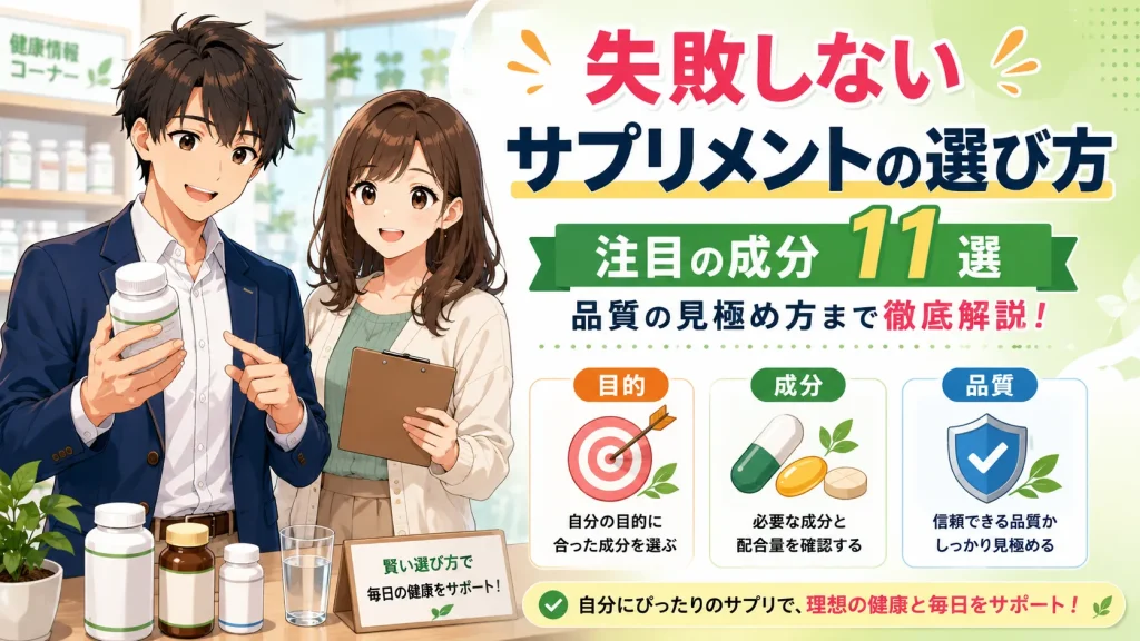 健太と美咲がサプリメントの選び方を紹介し、目的に合った成分選びや品質の見極め方を解説する健康情報記事のアイキャッチ画像。