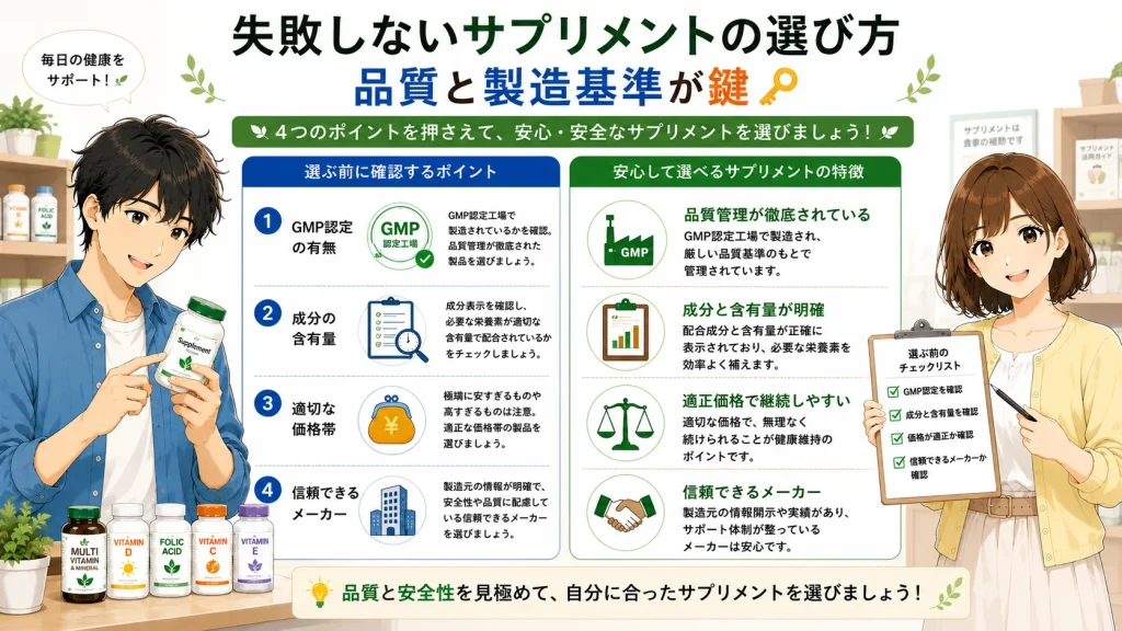 健太がサプリメントのラベルを確認し、美咲がチェックリストを示しながら、GMP認定・成分含有量・価格・メーカーの4つの選び方を図解で紹介しているイラスト