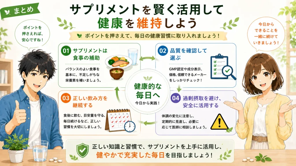 健太と美咲が、サプリメントは食事の補助であること、品質を確認して選ぶこと、正しい飲み方を継続すること、過剰摂取を避けて安全に活用することを図解でまとめて紹介しているイラスト