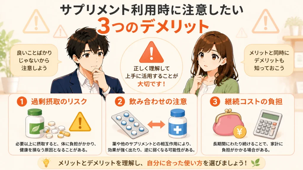 健太と美咲が、サプリメント利用時に注意したい3つのデメリットとして、過剰摂取のリスク、薬やサプリメントとの飲み合わせ、継続コストの負担を図解で分かりやすく紹介しているイラスト。