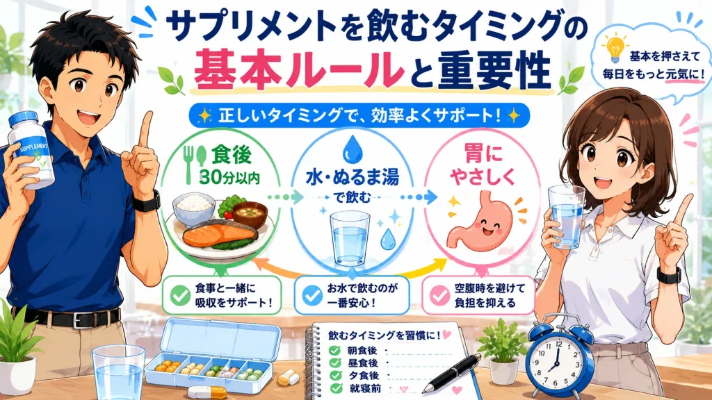 サプリメントを飲む基本ルールとして、食後30分以内、水またはぬるま湯、胃への負担を抑える飲み方を図解で紹介するイラスト。