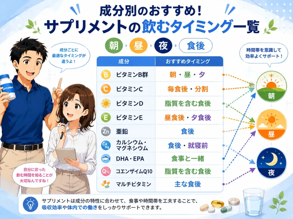 ビタミンB群、ビタミンC、ビタミンD、ビタミンE、亜鉛、カルシウム・マグネシウム、DHA・EPA、コエンザイムQ10、マルチビタミンのおすすめ摂取タイミングを一覧で紹介する図解。