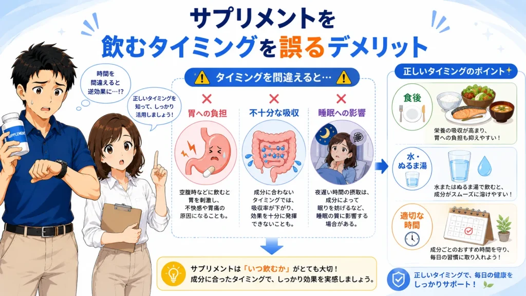 サプリメントを飲むタイミングを誤った場合のデメリットとして、胃への負担、不十分な吸収、睡眠への影響を図解で紹介するイラスト。
