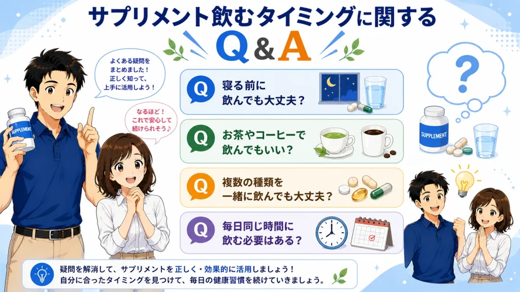 サプリメントを飲むタイミングに関するよくある質問を、寝る前の摂取や飲み物、飲み合わせ、毎日同じ時間に飲む必要性など4つのQ&Aで紹介するイラスト。
