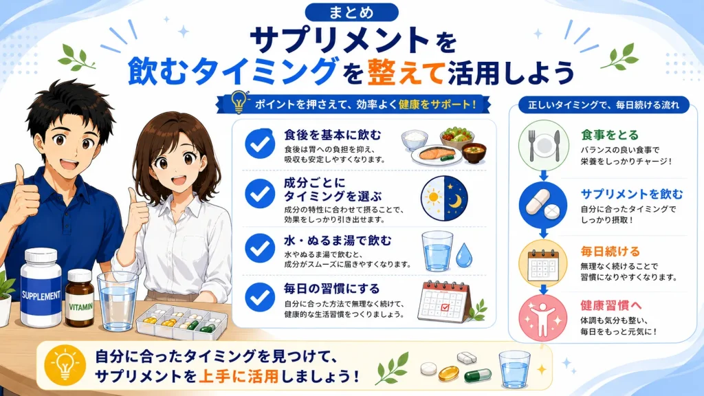 サプリメントを効果的に活用するための基本ポイントを、食後の摂取、成分ごとのタイミング、水で飲むこと、習慣化の4つにまとめたイラスト。