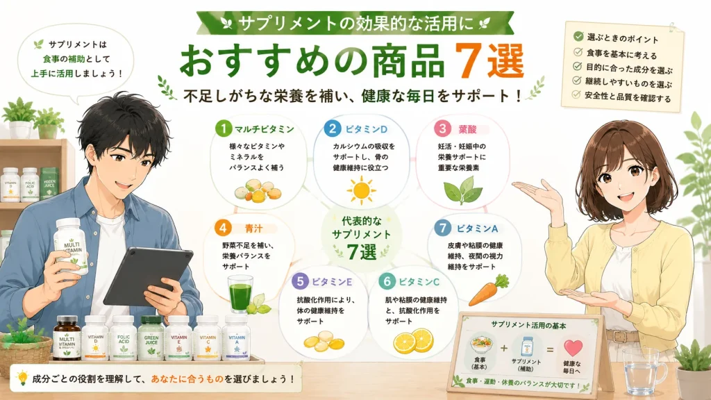 健太と美咲が代表的な7種類のサプリメント(マルチビタミン、ビタミンD、葉酸、青汁、ビタミンE、ビタミンC、ビタミンA)の特徴と役割を図解で紹介しているイラスト