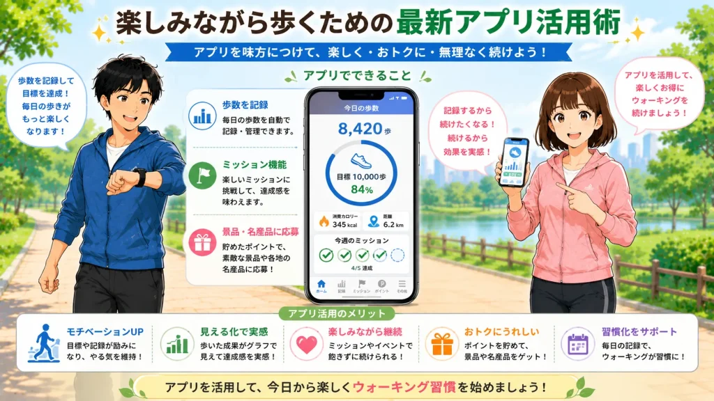 ウォーキングアプリを活用して歩数管理や習慣化をサポートする方法を紹介する画像。健太がスマートウォッチを確認し、美咲がスマートフォンを使ってアプリ活用のメリットを案内している。