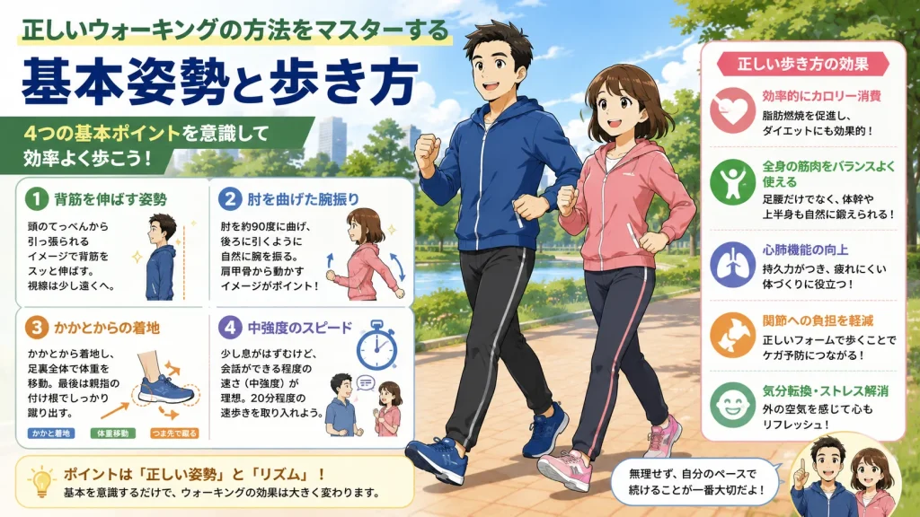 正しいウォーキングフォームを解説する図解画像。健康的な男女が背筋を伸ばした姿勢で歩きながら、背筋を伸ばす姿勢、腕振り、かかとからの着地、中強度のスピードの4つの基本ポイントを紹介している。