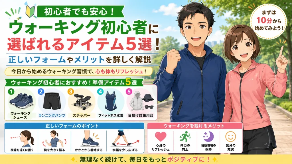 ウォーキング初心者向けに、健太と美咲がウォーキングの準備アイテム5選、正しいフォーム、継続するメリットを紹介しているアイキャッチ画像