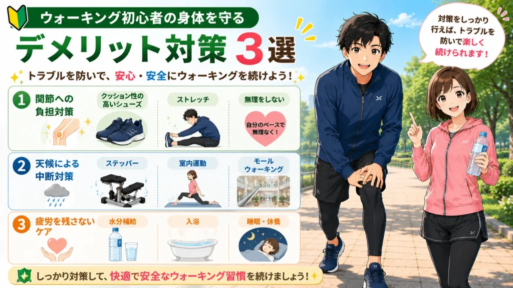 ウォーキング初心者向けに、健太と美咲が関節への負担対策、天候による中断対策、疲労を残さないケアの3つのポイントを紹介しているH2画像