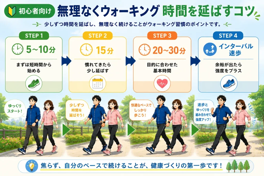 健太と美咲がウォーキングを続けながら、5〜10分、15分、20〜30分、インターバル速歩へと段階的にレベルアップする流れを図解で紹介しているイメージ