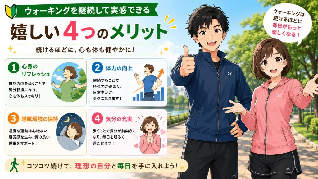 ウォーキングを継続することで得られる心身のリフレッシュ、体力向上、睡眠環境の保持、気分の充実の4つのメリットを、健太と美咲が紹介しているH2画像