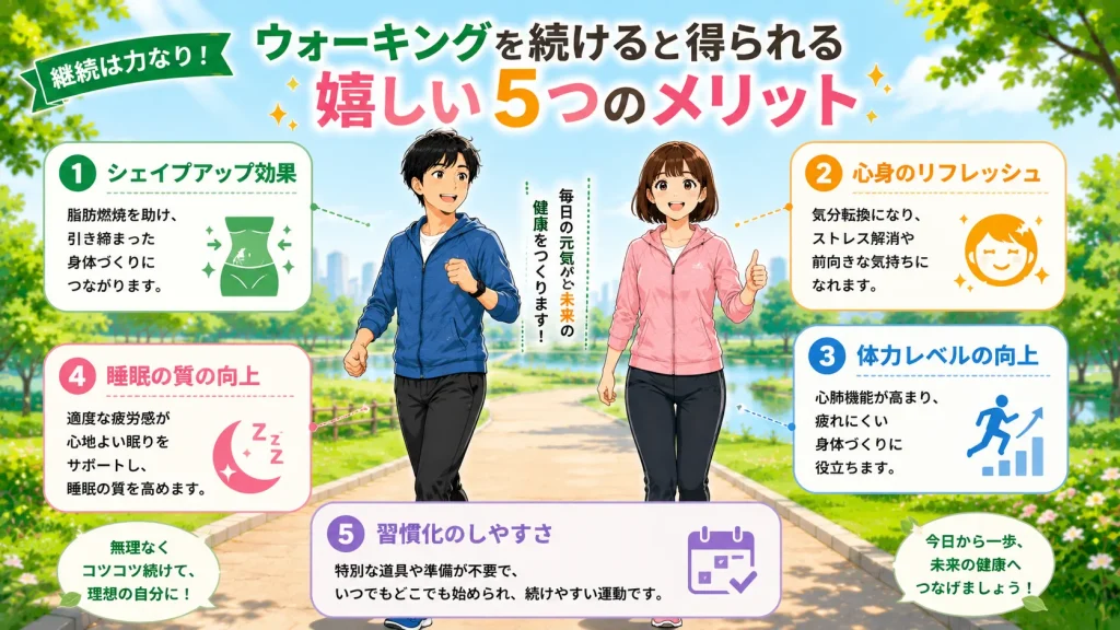 ウォーキングを継続することで得られる5つのメリットを図解で紹介する画像。健太と美咲がウォーキングを楽しみながら、シェイプアップ、心身のリフレッシュ、体力向上、睡眠の質向上、習慣化のしやすさを案内している。