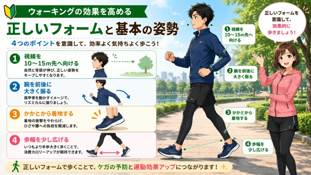 ウォーキング初心者向けに、健太と美咲が正しいウォーキングフォームと基本姿勢の4つのポイントを紹介しているH2画像