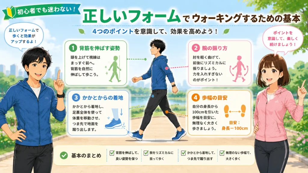 正しいウォーキングフォームの基本を図解で紹介する画像。健太が正しい歩行フォームを実演し、美咲が姿勢や腕振り、かかとの着地、歩幅のポイントを説明している。