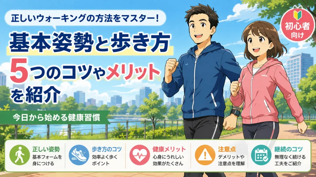 正しいウォーキング方法を紹介するアイキャッチ画像。健康的な男女が公園を歩きながら、基本姿勢や歩き方、メリットを分かりやすく表現している。